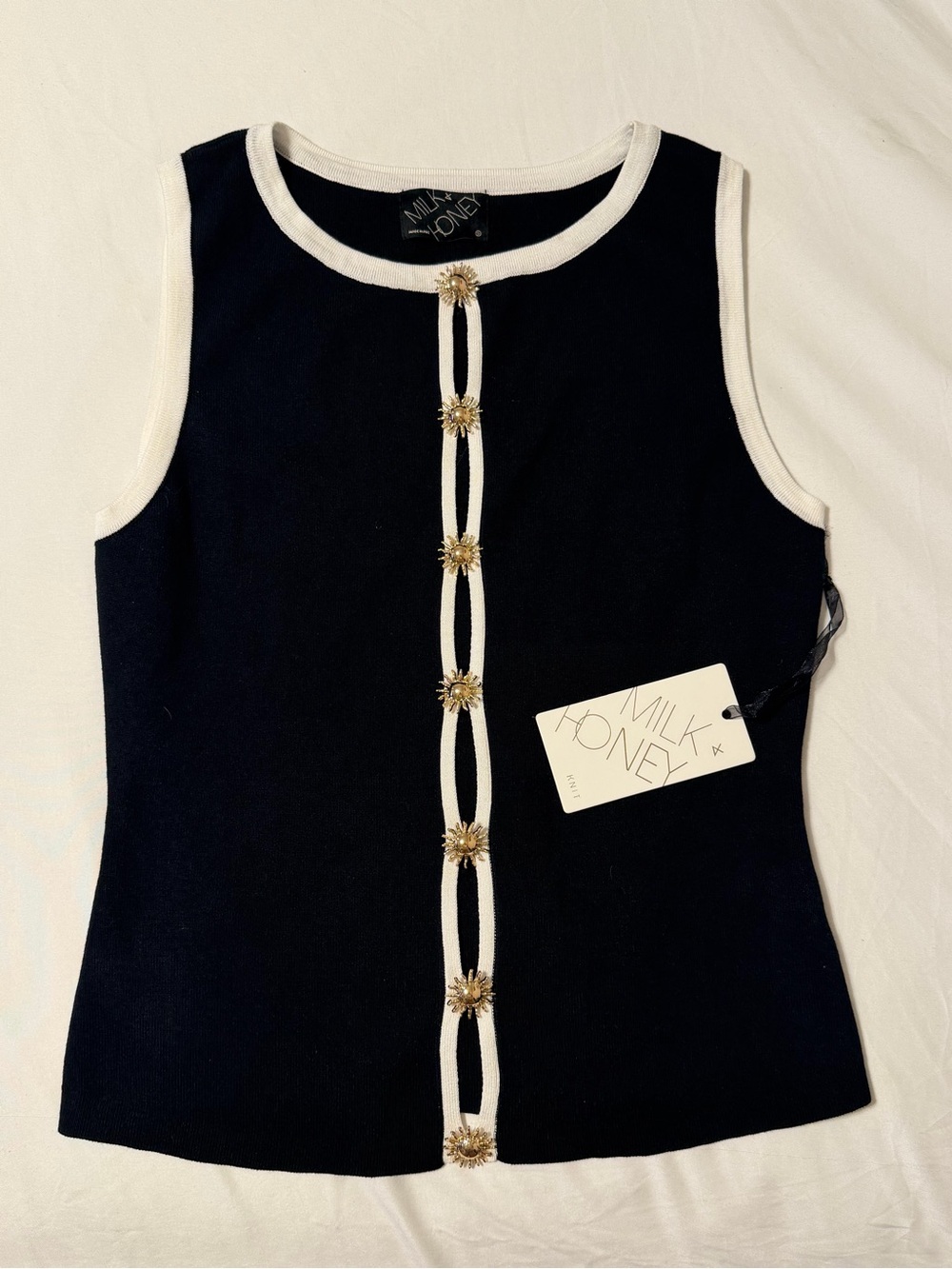 Milk & Honey Black Tank with Cream Trim and Gold Flower Buttons